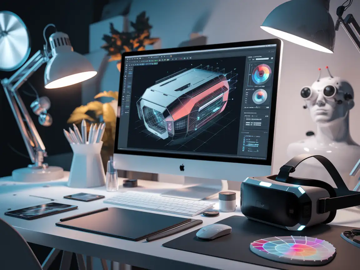 Modern workspace with a computer monitor displaying a 3D model of a futuristic vehicle, design tools, and sleek lighting