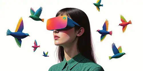 Young woman in green shirt wearing colorful VR goggles with brightly colored birds surrounding her, set against a white background