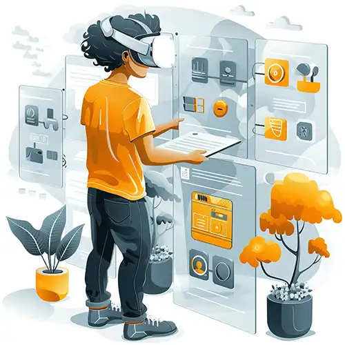 Young person with curly hair and medium skin tone, wearing a white VR headset and an orange shirt, interacting with virtual screens displaying icons and information, holding a tablet in one hand, set against a background of stylized plants in pots and a light color palette with shades of gray and orange, designed by Evovise for immersive digital experiences