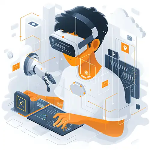 Young male with dark hair and medium skin tone wearing a virtual reality headset, interacting with a touchscreen keyboard, with a robotic arm nearby and various digital interface elements and icons displayed around him, suggesting a high-tech environment, in a color scheme of blue, gray, and orange, creating a futuristic atmosphere, designed by Evovise for immersive digital experiences