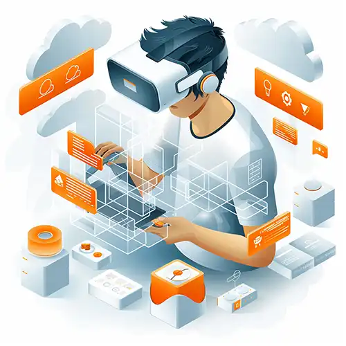 Young man with dark hair wearing a virtual reality headset, seated and interacting with digital elements in an abstract space, using a device in his hands, surrounded by floating icons and data blocks in orange and white colors, with cloud-like shapes in the background, designed by Evovise for immersive digital experiences