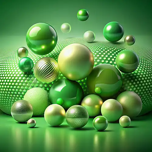 Green shiny spheres on a green background, designed by Evovise for creative digital and immersive experiences