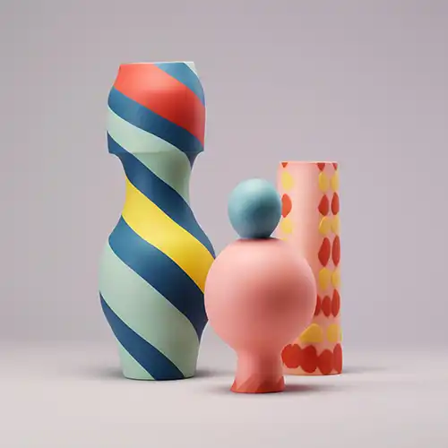 Abstract 3D models on a green background, designed by Evovise for creative digital and immersive experiences