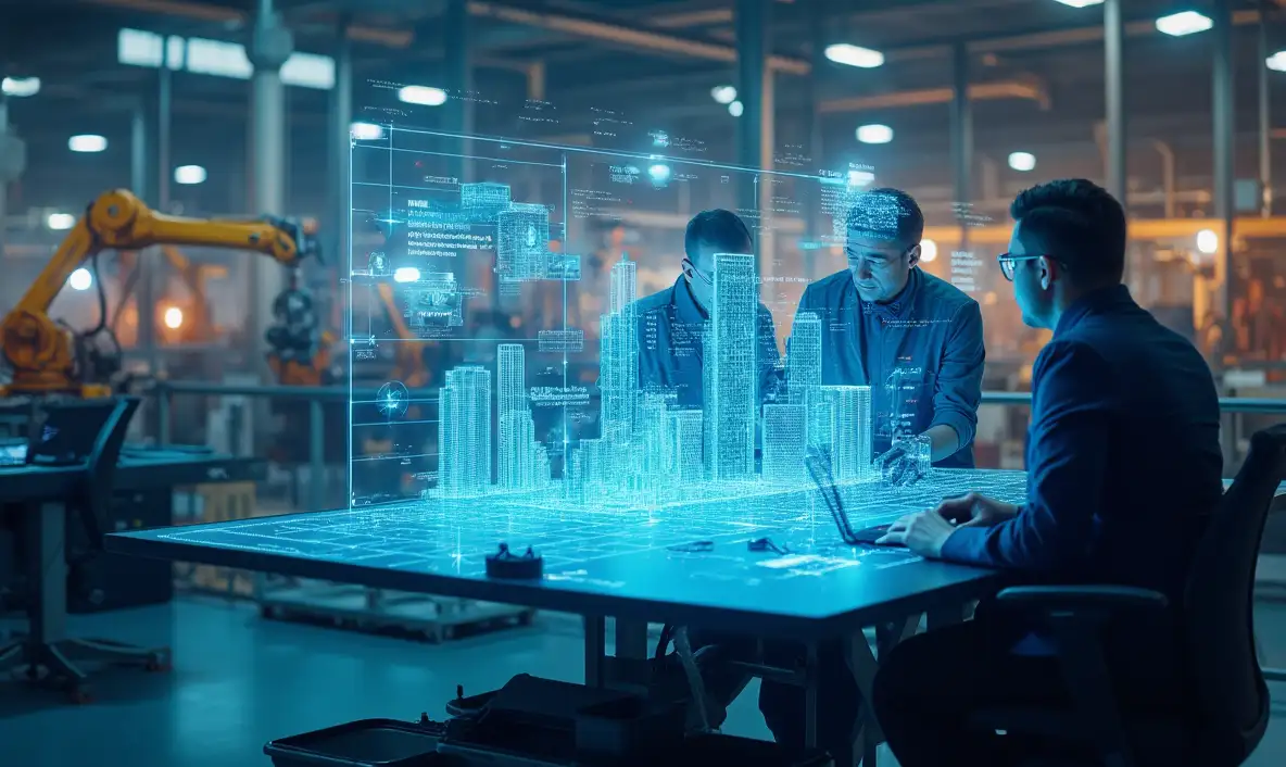 Three men, average age around 30, of diverse races, gathered around a futuristic table displaying a holographic cityscape, engaged in discussion with digital data and blueprints visible in the air above the table, set in a high-tech industrial environment with machinery and equipment, designed by Evovise for immersive digital experiences