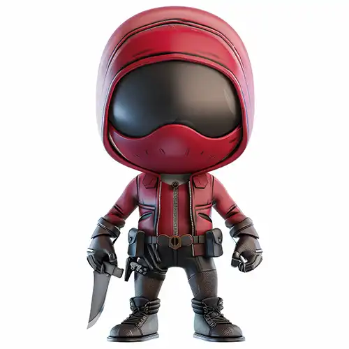 Cute 3D warrior character in a red suit and shirt, holding a knife, designed by Evovise for gaming and digital experiences