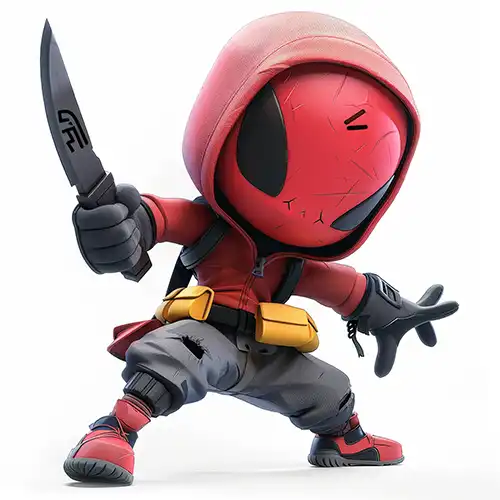 Cute 3D warrior character in a red suit and shirt, holding a knife, designed by Evovise for gaming and digital experiences