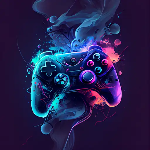 Vibrant gaming controller in shades of blue and purple, surrounded by colorful splashes and smoke effects, set against a dark background to enhance the luminous colors and details, designed by Evovise for immersive digital experiences