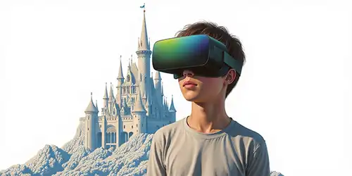 Young boy wearing a futuristic VR headset standing before a whimsical castle surrounded by clouds and a clear sky