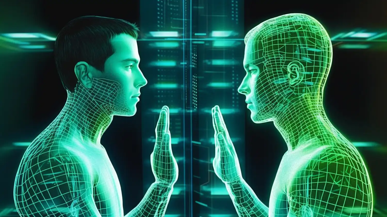 Digital twins symbol: two people facing each other, representing digital twinning technology by Evovise for real-time insights and solutions