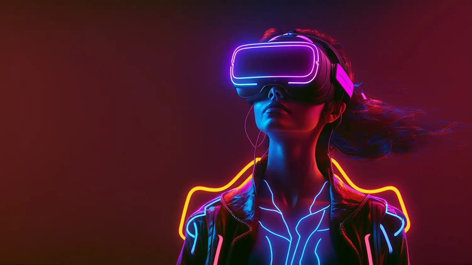 Young woman with medium skin tone, wearing a futuristic VR headset with glowing purple and blue lights, styled dark hair, and a sleek black jacket with neon light patterns illuminating her torso, set against a dark gradient background enhancing the vibrant neon elements, designed by Evovise for immersive digital experiences