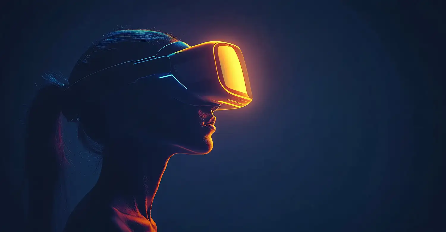 Profile view of a person with dark skin tone wearing a futuristic VR headset emitting an orange glow, set against a dark background highlighting the contours of the face and headset, creating a modern and tech-focused atmosphere, designed by Evovise for immersive digital experiences