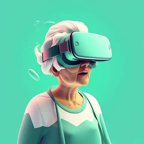Elderly woman with white hair wearing a teal virtual reality headset, looking surprised or engaged, dressed in a light teal outfit with a white pattern, set against a solid light green background with subtle bubbles, suggesting a playful or immersive environment, designed by Evovise for immersive digital experiences.