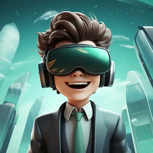 Young male with light skin and brown hair, wearing a suit and green tie, smiling while wearing large virtual reality goggles and headphones, set against a background of futuristic skyscrapers and a blue-green sky with stylized clouds, designed by Evovise for immersive digital experiences
