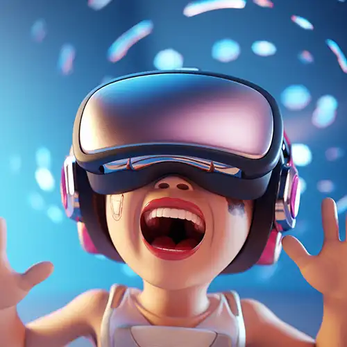 Young girl with light skin and short hair wearing a virtual reality headset, expressing excitement with her mouth open and hands raised, set against a background of colorful abstract light patterns, creating a dynamic and engaging atmosphere, designed by Evovise for immersive digital experiences