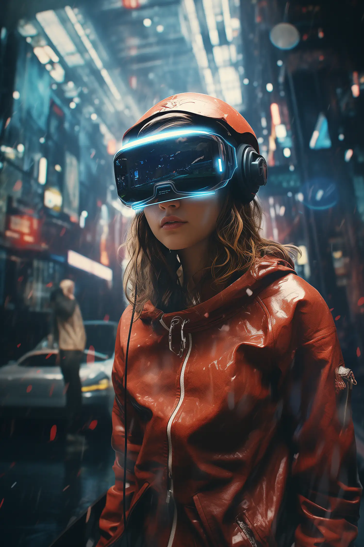 Young woman with medium skin tone and wavy brown hair wearing a futuristic VR headset and a shiny red raincoat, set against a neon-lit urban environment with tall buildings and blurred figures, suggesting a bustling city at night, designed by Evovise for immersive digital experiences