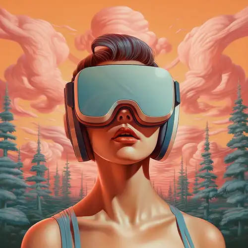 Young woman with light skin and short, styled hair wearing futuristic VR goggles and headphones, set against a background of stylized clouds in shades of orange and pink with silhouettes of evergreen trees, designed by Evovise for immersive digital experiences