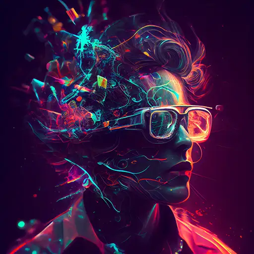 Young person with light skin and curly hair, wearing stylish glasses, set against a vibrant background of abstract shapes and colors in neon blues, pinks, and purples, suggesting creativity and energy, designed by Evovise for immersive digital experiences