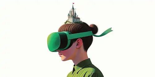 Young girl with brown hair in a bun wearing a green VR headset featuring a castle, symbolizing imagination and fantasy