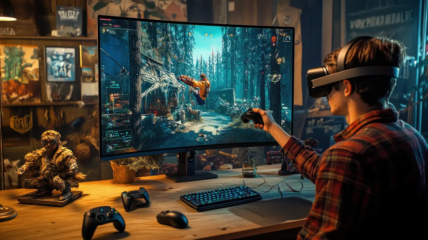 Person with light skin wearing a virtual reality headset, sitting at a wooden desk engaged in gaming, holding a game controller in one hand, with a screen displaying a vibrant forest scene from a video game featuring a character in mid-air action, surrounded by gaming peripherals like a keyboard and additional controllers in a cozy, dimly lit room filled with gaming-related items, designed by Evovise for immersive digital experiences.